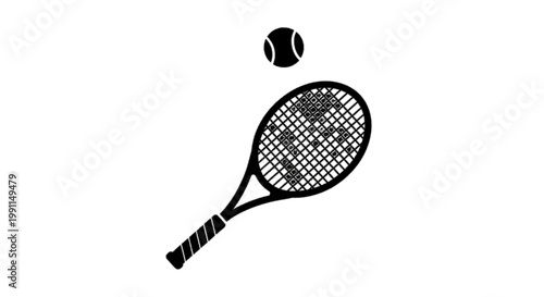 Vector illustration of tennis racket and ball icon, simple black silhouette on a transparent background