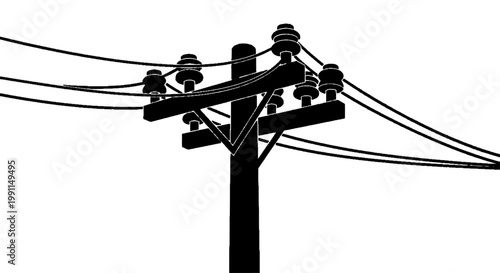 Vector illustration of silhouette of a utility pole with power lines on a transparent background