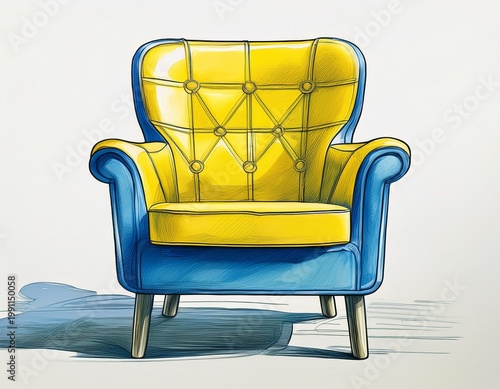simple sketch of a plastic chair in bright yellow and blue highlighting casual seating and outdoor furniture perfect for illustrating everyday objects