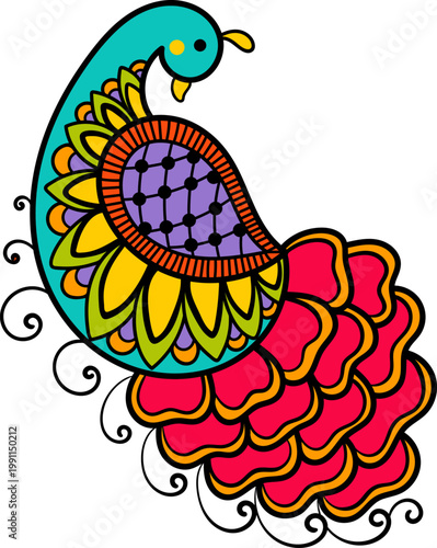 Ornamental Peacock Mehndi Style, Hand Drawn Colorful Vector, Indian Decorative Clipart