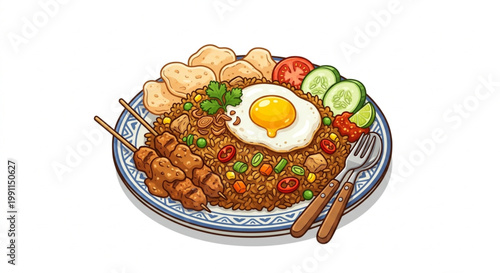 Indonesian Fried Rice Nasi Goreng with Fried Egg Sate and Crackers