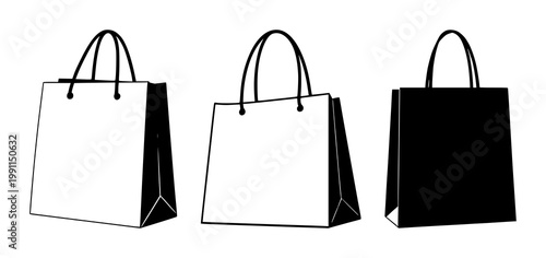Shopping bag set with black silhouette against white background featuring retail, e‑commerce, merchandise with vector, minimalist and iconography