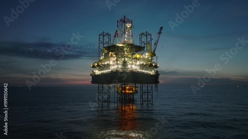 Aerial top view of offshore jack up rig and offshore platform during sunset for oil and gas exploration and production. 