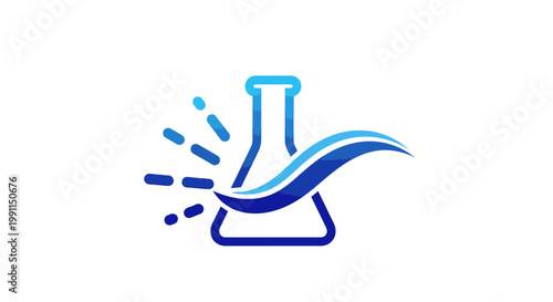 Flask with Dynamic Blue Wave and Abstract Splashes Symbolizing Chemical Reaction or Purification on an Isolated White Background