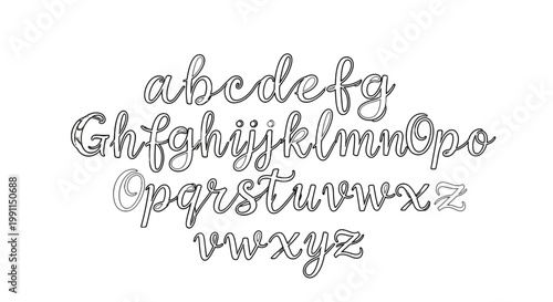Outline of Handwritten Curly Uppercase and Lowercase Alphabet for Creative Design on an Isolated White Background