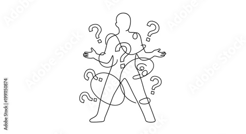 A person surrounded by question marks.