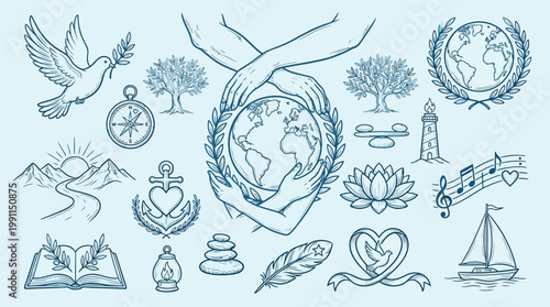 A collection of hand-drawn illustrations symbolizing peace, nature, and global unity, featuring a dove, the Earth cradled by hands, trees, a compass, and various other positive icons.