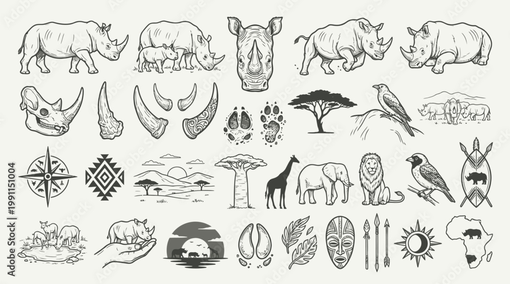 Fototapeta premium Collection of Hand-Drawn African Wildlife and Safari Elements, Including Rhinos, Elephants, Lions, Giraffes, and Traditional Symbols.