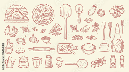 A charming collection of hand-drawn illustrations depicting various elements of pizza making, from ingredients to tools and a brick oven.