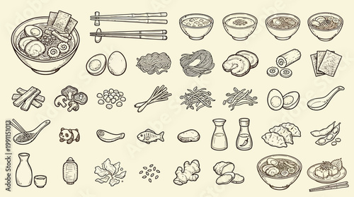 A detailed hand-drawn illustration of various Japanese food ingredients and dishes, presented in a grid layout.