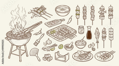 A detailed illustration of various grilled meat and fish skewers, served with dipping sauces, spices, and cooking utensils, presented in a charming hand-drawn style.