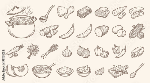A charming hand-drawn sketch showcases a diverse collection of food items and cooking utensils, presented in a grid layout.
