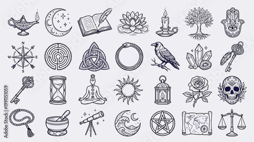 A collection of mystical and esoteric symbols, including celestial bodies, ancient artifacts, and spiritual icons, presented in a vintage line art style.