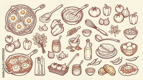 A charming hand-drawn illustration showcasing a diverse collection of culinary ingredients and cooking utensils, presented in a vintage sketch style.