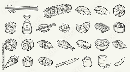 A detailed illustration of various sushi dishes, ingredients, and utensils, presented in a clean, hand-drawn style on a light background.