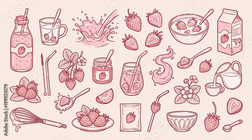 A charming collection of hand-drawn strawberry-themed illustrations, featuring various drinks, food items, and kitchen utensils, all in a delightful pink and red color palette.