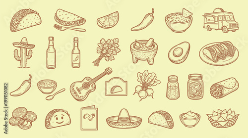 A charming collection of hand-drawn illustrations depicting various elements of Mexican cuisine and culture, presented in a sepia tone.