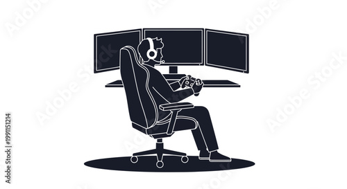 Professional Gamer Sitting in Front of Triple Monitor Setup