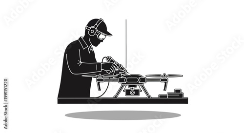 Drone Technician Repairing Quadcopter Vector Silhouette