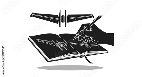 Engineering Designer Sketching Innovative Aircraft Part in Notebook