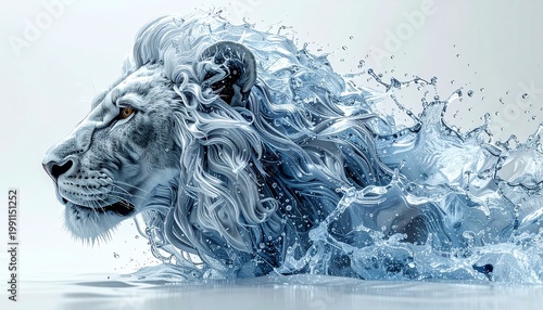 Majestic Lion Emerging from Water Splash, Powerful Animal Portrait.