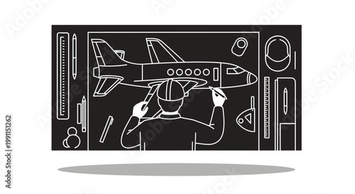 Aerospace Engineer Designing Airplane Blueprint Vector Illustration