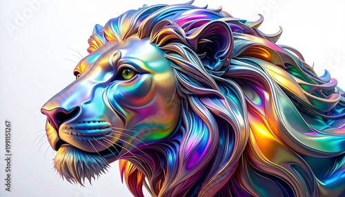 Majestic Lion Head Sculpture with Iridescent Rainbow Colors.