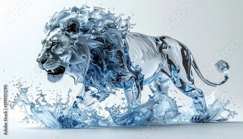 Majestic Lion Made of Water Splashing Through Liquid.