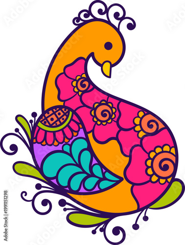 Ornamental Bird Zentangle, Hand Drawn Colorful Vector Clipart