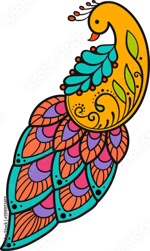 Peacock Zentangle Style Ornamental Bird, Hand Drawn Colorful Vector Clipart, Ethnic Indian Design Element