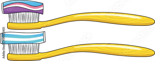 Realistic Yellow Toothbrush Set with and without Toothpaste for Dental, Oral Hygiene, Bathroom, Healthcare, and Teeth Cleaning Illustration Designs