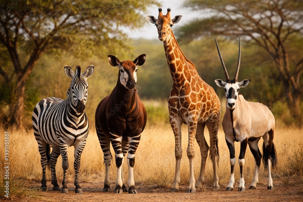 Fototapeta premium African wildlife group with zebra giraffe and antelope safari animals in savannah