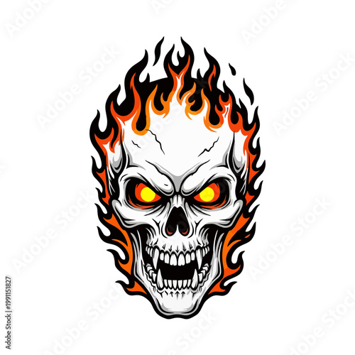 A fiery skull with glowing eyes is surrounded by orange and black flames.
