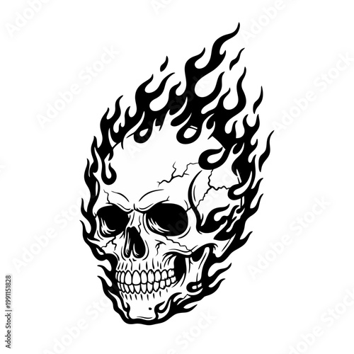 A flaming skull illustration depicts a burning human skull with fire