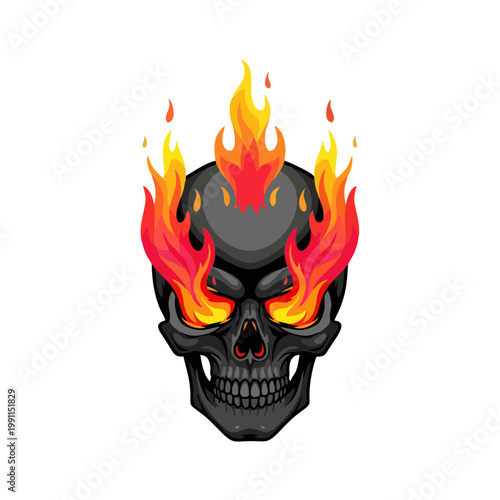 A menacing black skull with glowing eyes and vibrant flames erupting from its head in a fierce expression.