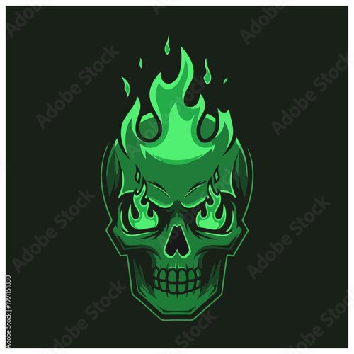 A green skull illustration with flames on fire in a digital artwork
