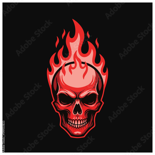 A fiery skull illustration depicts a menacing face with flames on fire.