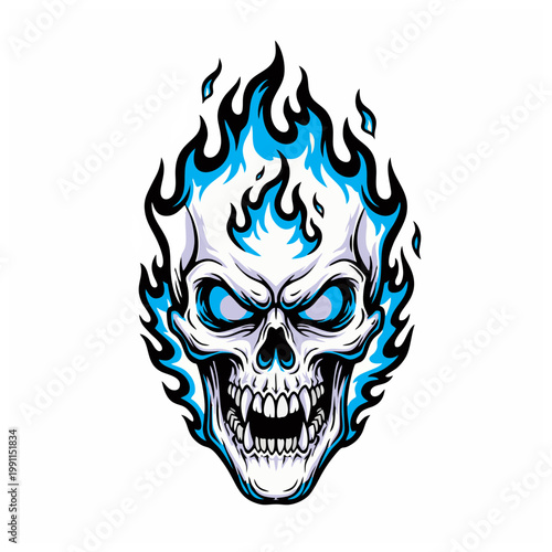 A menacing skull with blue flames erupts from its head in a fierce expression.