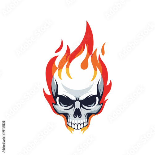 A fiery skull illustration depicts a burning human skull with flames rising