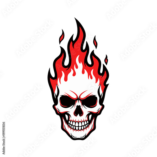 A fiery skull with flames on fire is depicted in a graphic illustration.