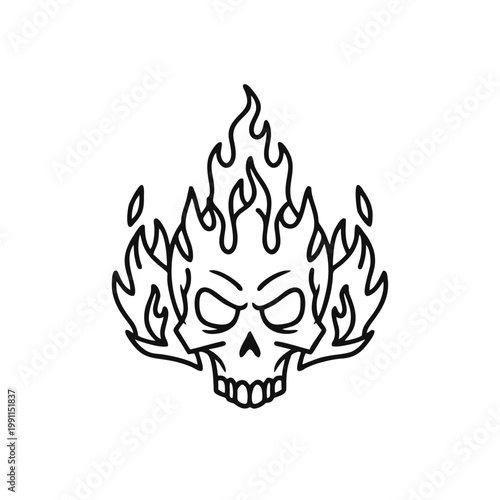 A flaming skull with angry expression emerges from intense burning flames.
