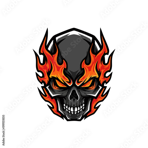 A graphic illustration of a skull with flames on its face