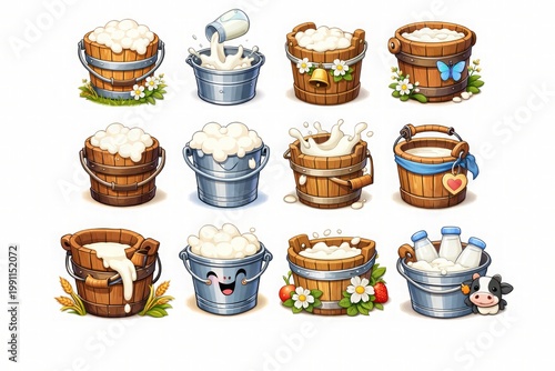 Rustic milk buckets and dairy containers collection farm milk illustration set