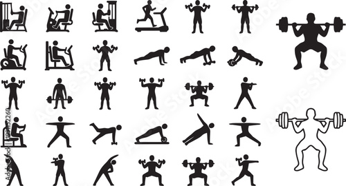 Fitness and gym exercise silhouette icon set featuring workout poses, weightlifting, cardio machines and training activities, minimal vector collection isolated on white background
