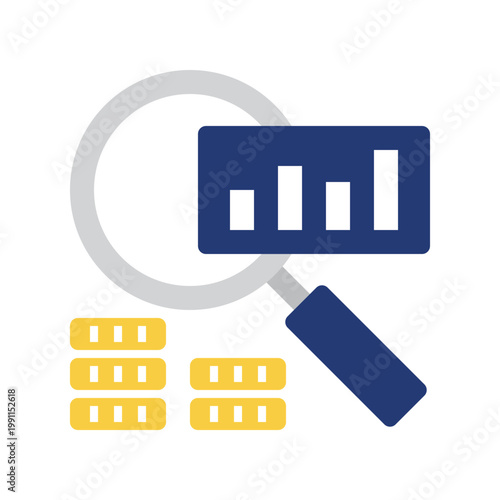 Blue, yellow, and gray search engine marketing icon with flat style