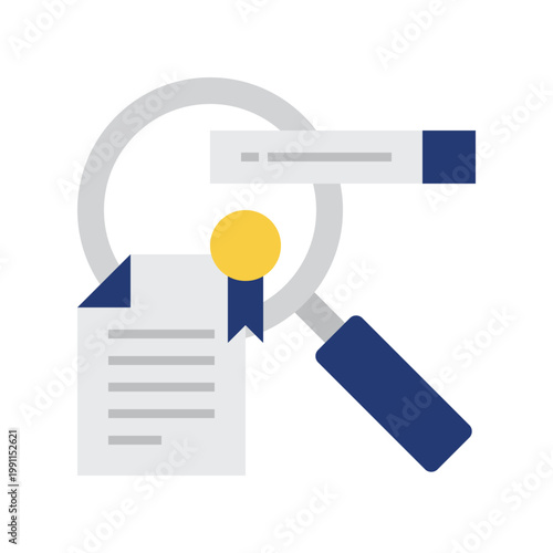 Blue, yellow, and gray search engine optimization icon with flat style