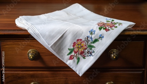 a white handkerchief with floral embroidery on a wooden dresser