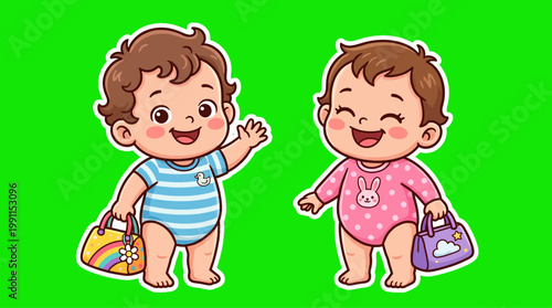 Adorable Cartoon Twins Smiling and Waving with Colorful Bags.