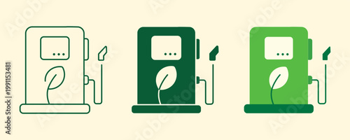 Eco Fuel Pump Icon with Leaf Symbol Alternative Energy Concept Green Sustainable Transport Vector Illustration Set Line, Solid and Flat Style