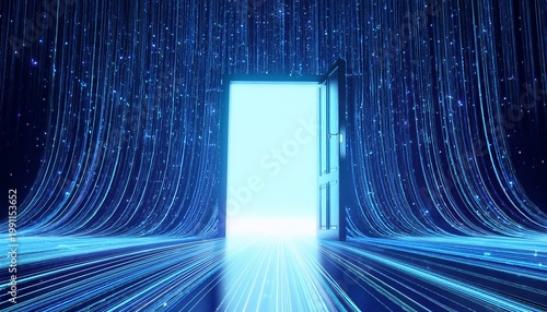 digital data flow with blue background and open door 3d rendering